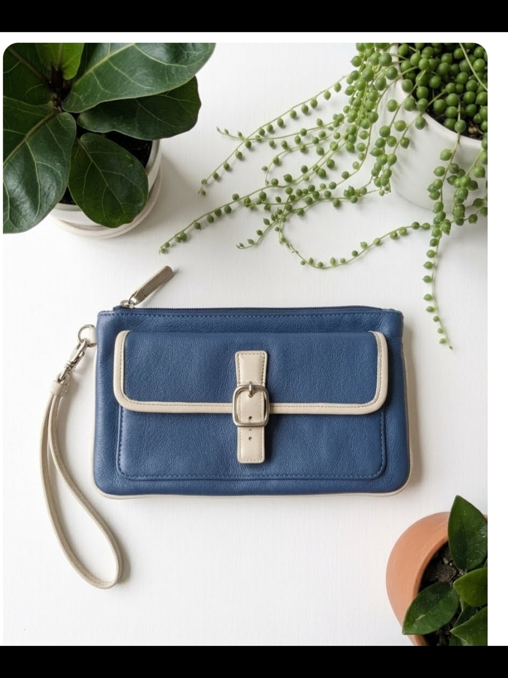 Blue Corn Flower Hampton Flap Leather Wristlet Clutch with Chalk Trim